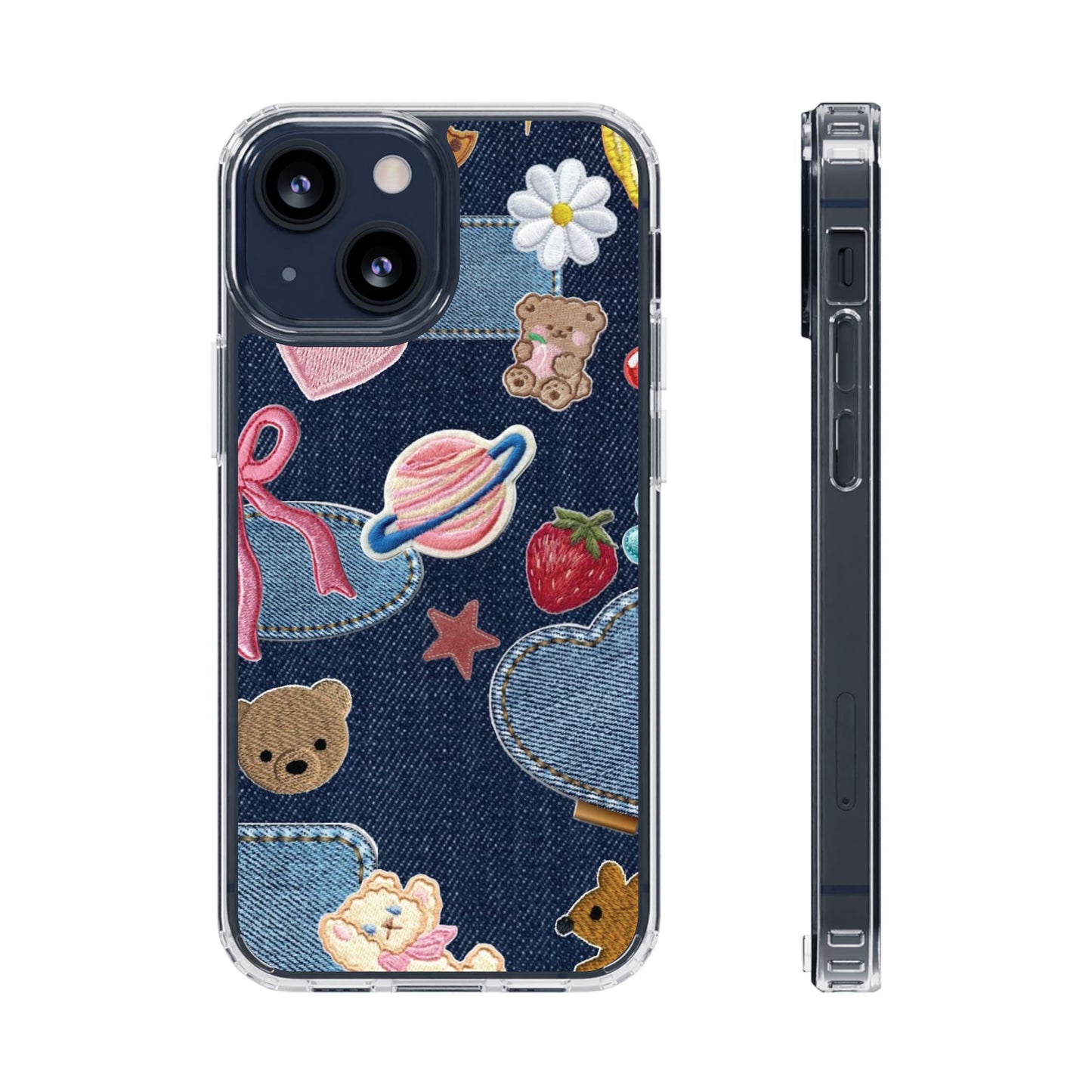 Clear Impact-Resistant Phone Case — Cute Denim Patch Collage (Teddy, Strawberry, Planet)