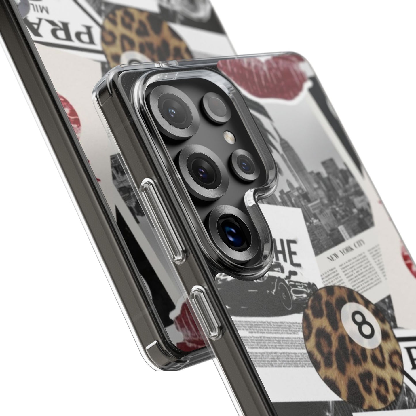 Clear Impact-Resistant Phone Case — Collage Luxury Leopard & Vintage Car Design