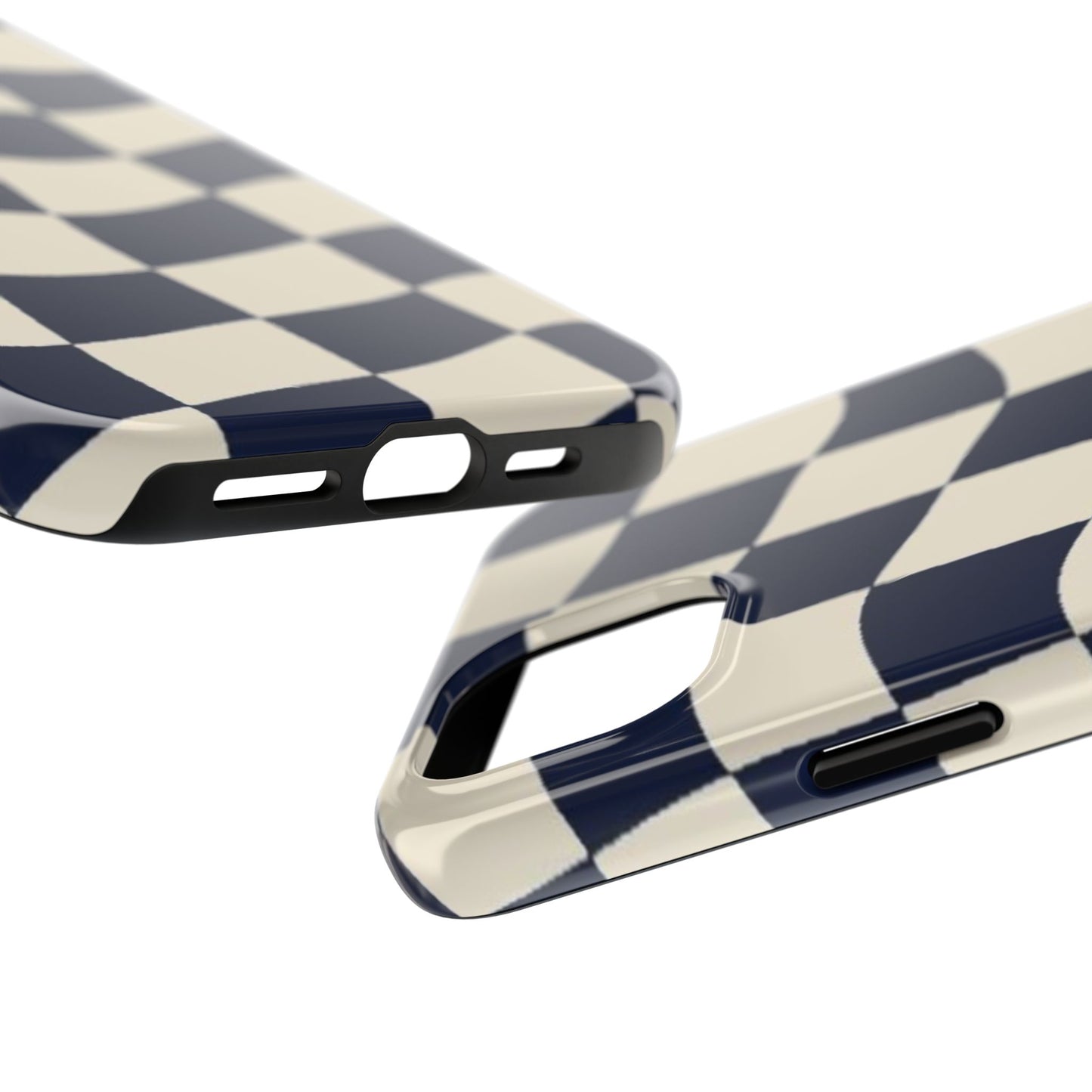 Wavy Checkerboard Tough Phone Case — Navy & Cream Protective Cover