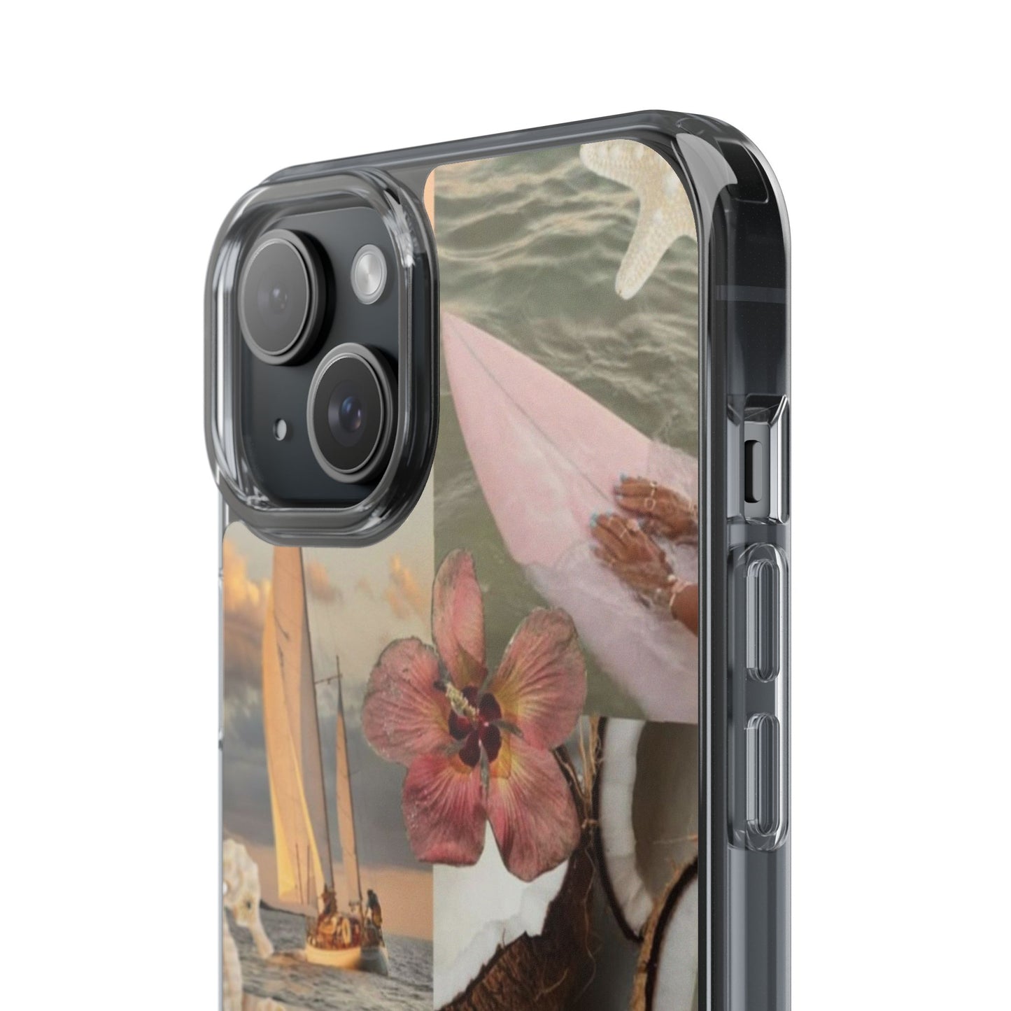 Clear Phone Case — Coastal Collage Shells & Surf Design