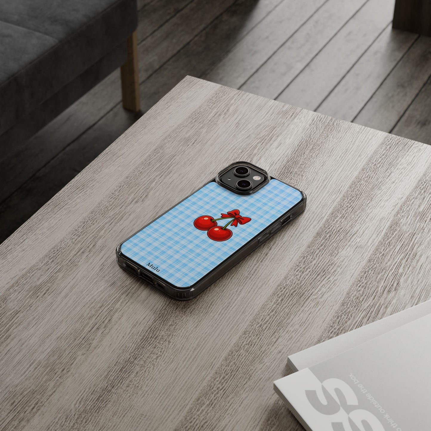 Clear Cherry Gingham Phone Case — Impact-Resistant Clear Case with Red Cherry Design