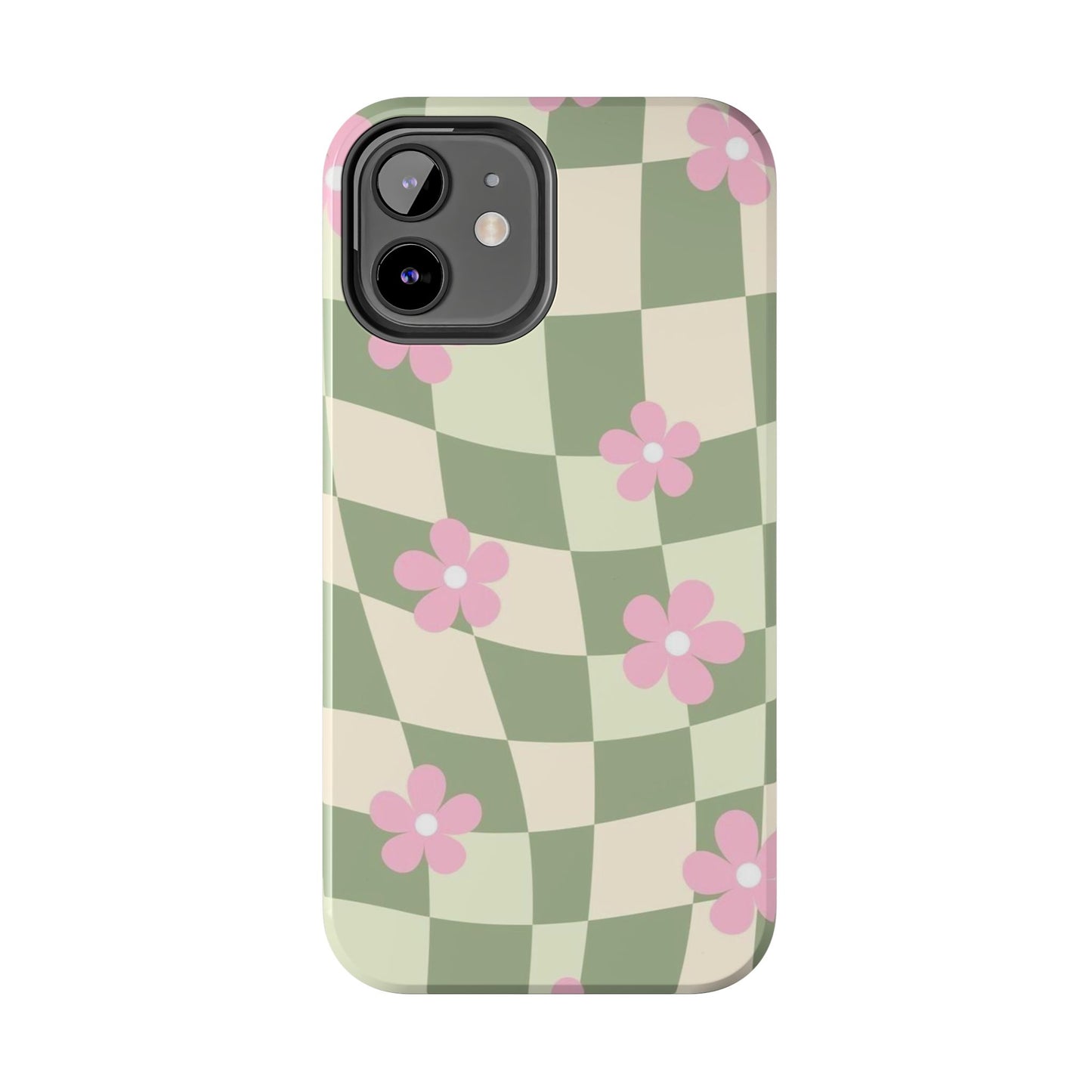 Tough Phone Case — Retro Green Checkerboard with Pink Flowers