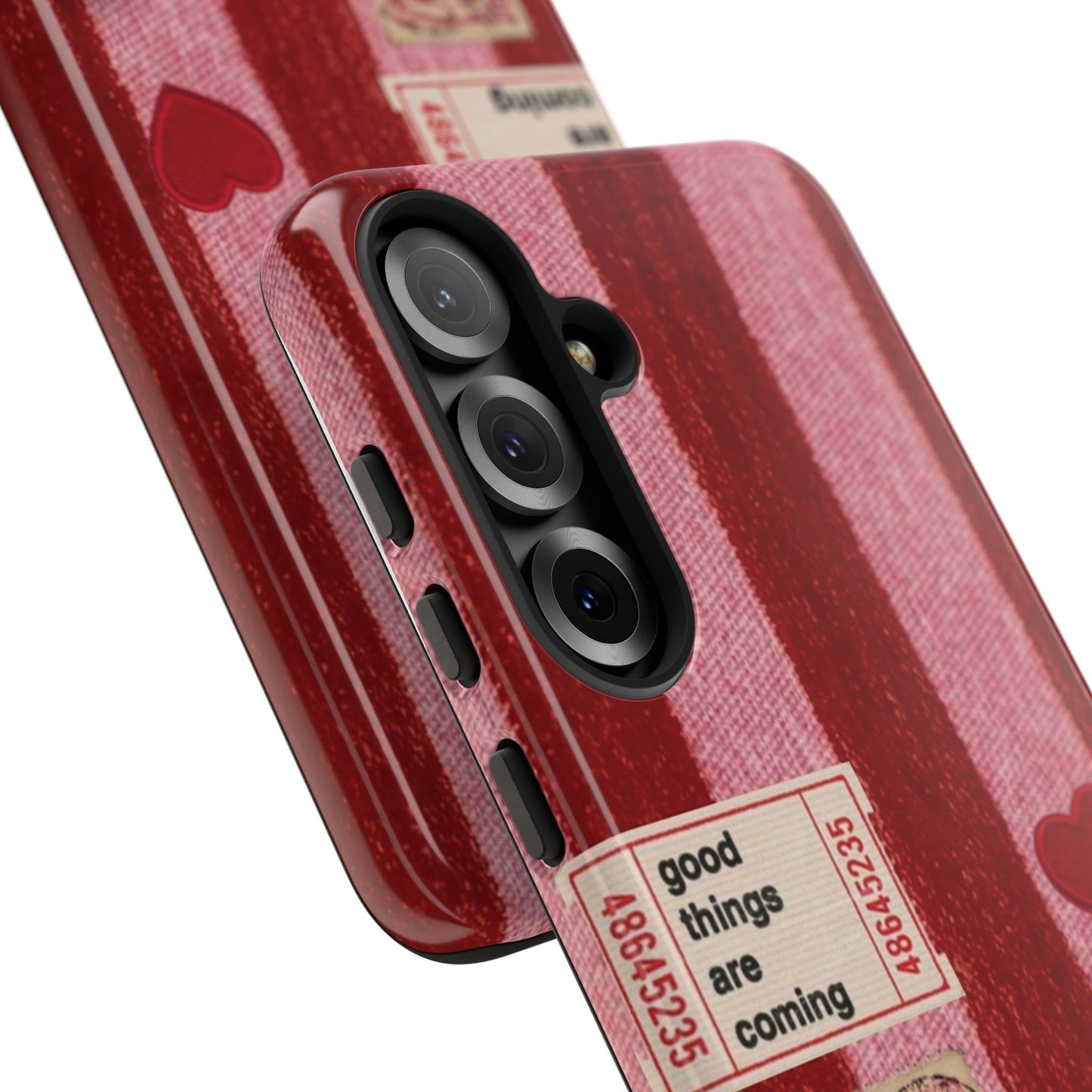 Phone Case — Red Striped Heart Design with “Good Things Are Coming”