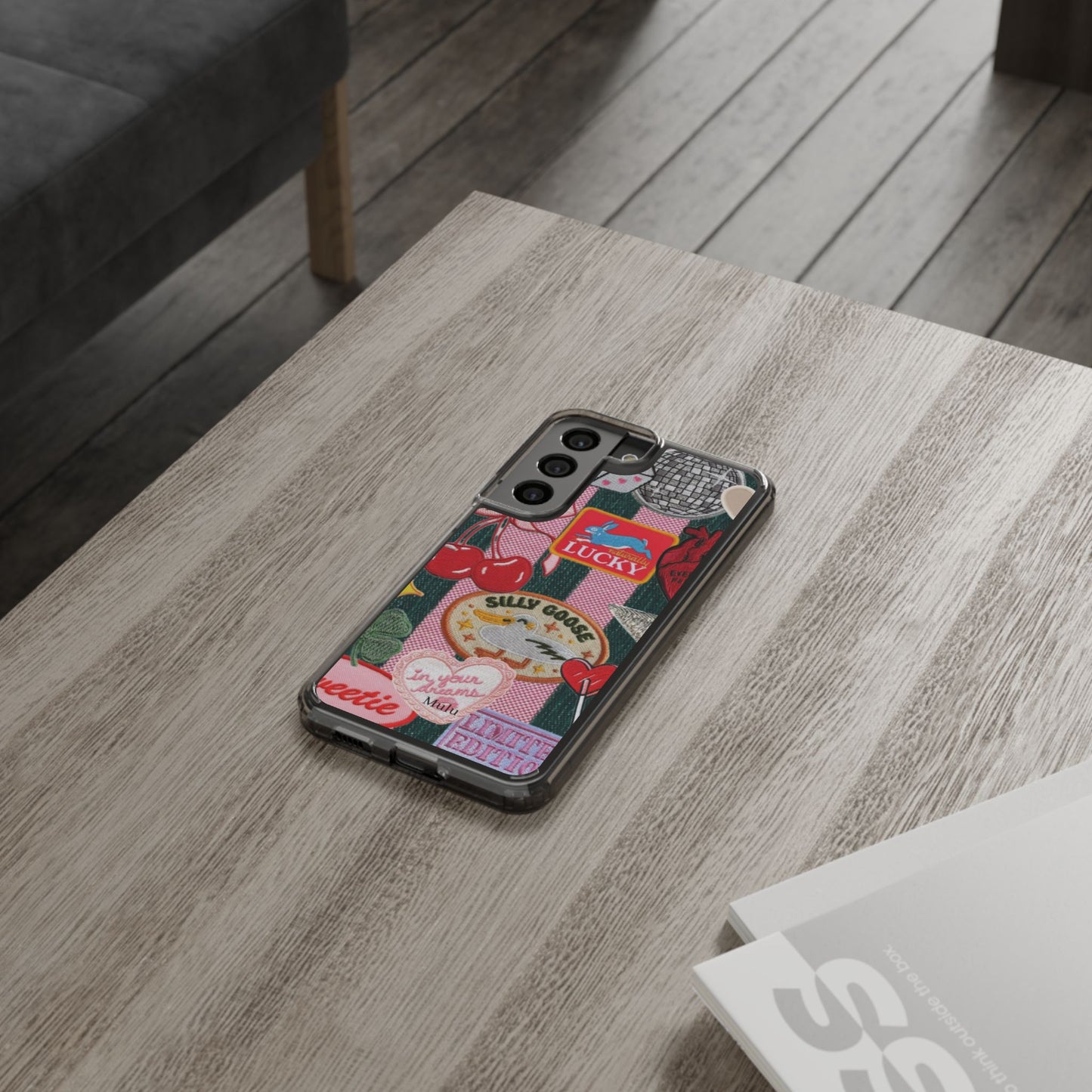 Clear Impact-Resistant Phone Case — Retro Patchwork Stickers (Lucky, Cherries, Silly Goose)