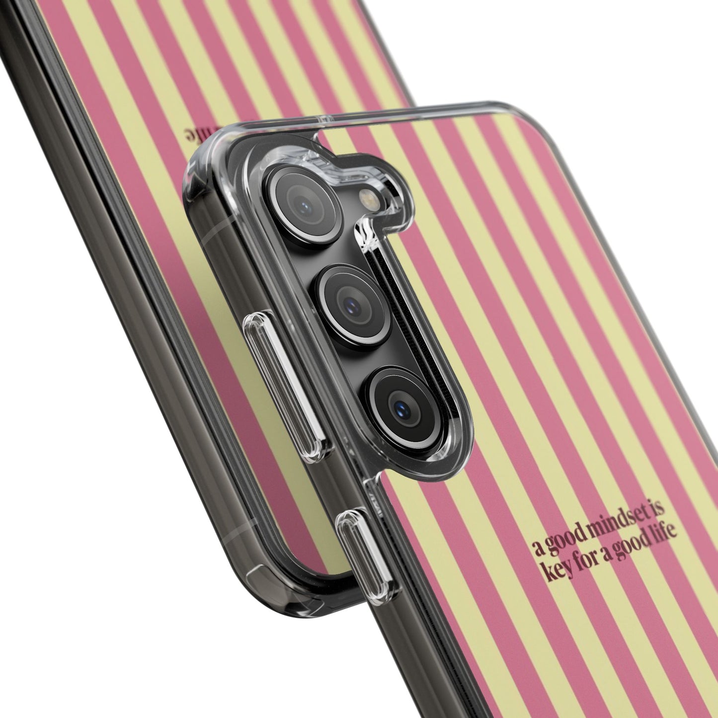 Striped Clear Phone Case — "A Good Mindset Is Key for a Good Life" Motivational iPhone Case