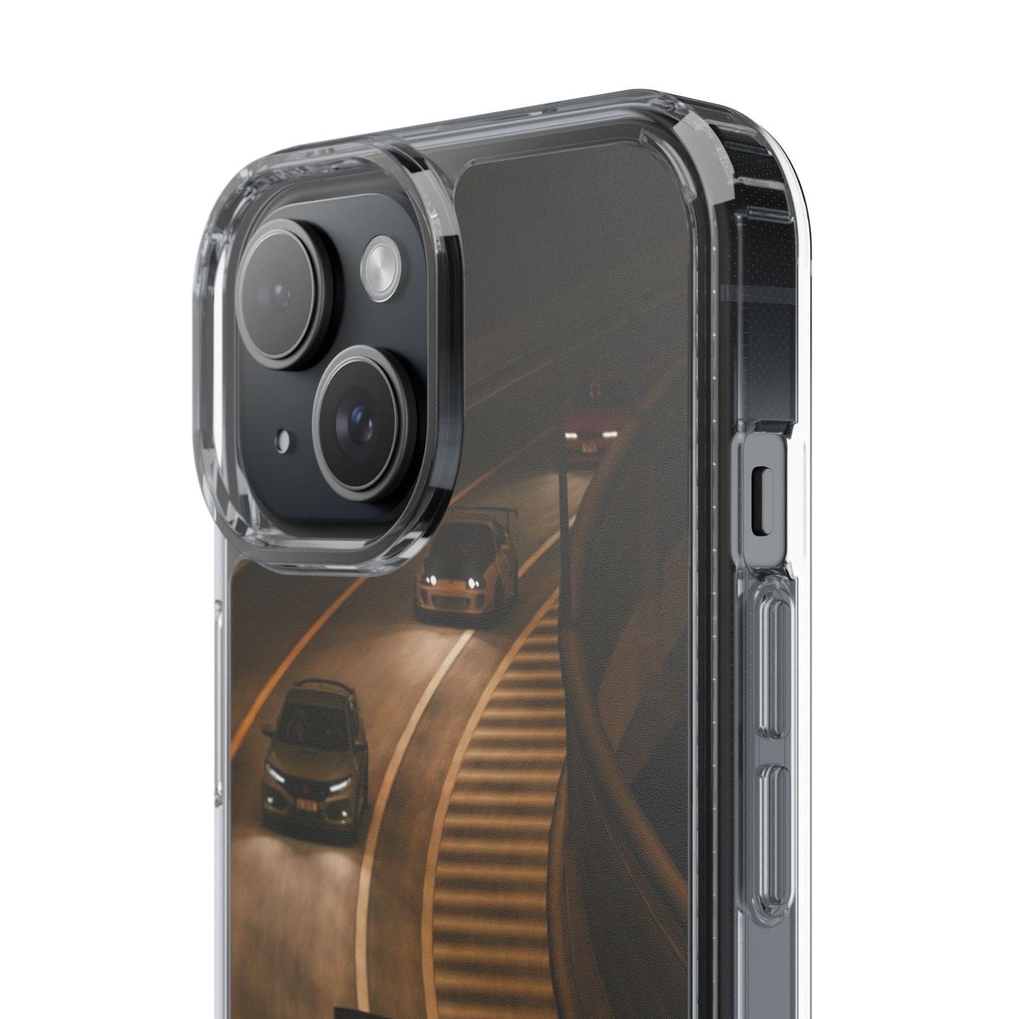 Racing Night Clear Phone Case – Sports Cars on Curved Highway