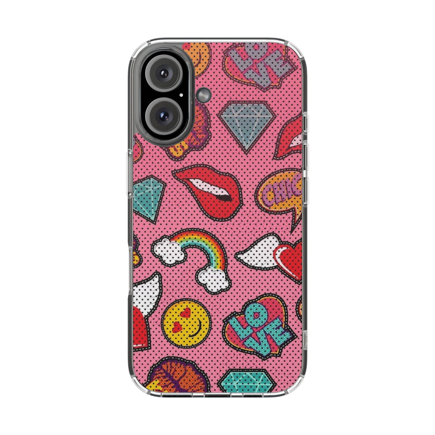 Clear Impact-Resistant Phone Case — Pink Pop Sticker Pattern (Hearts, Rainbows, Smileys)
