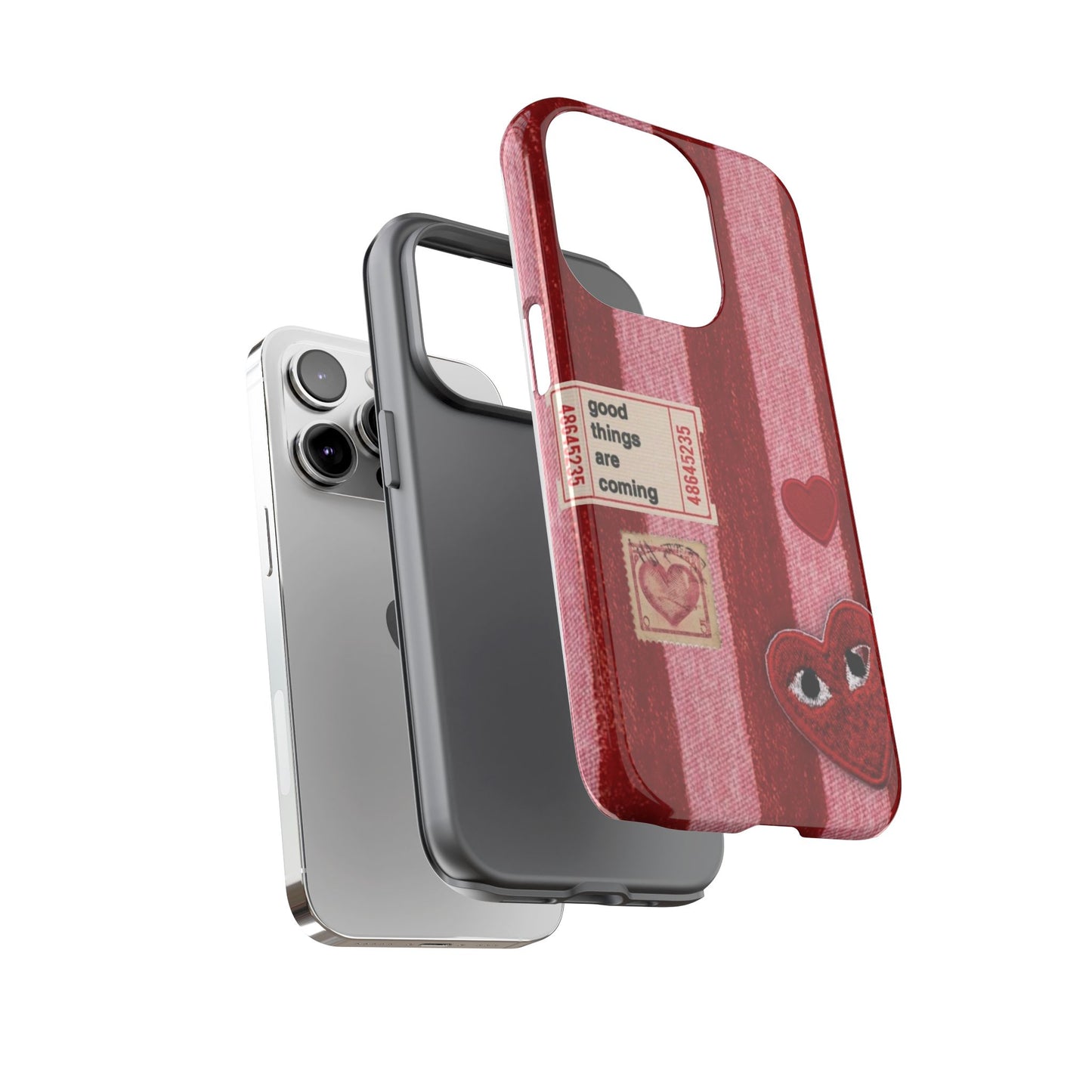 Phone Case — Red Striped Heart Design with “Good Things Are Coming”