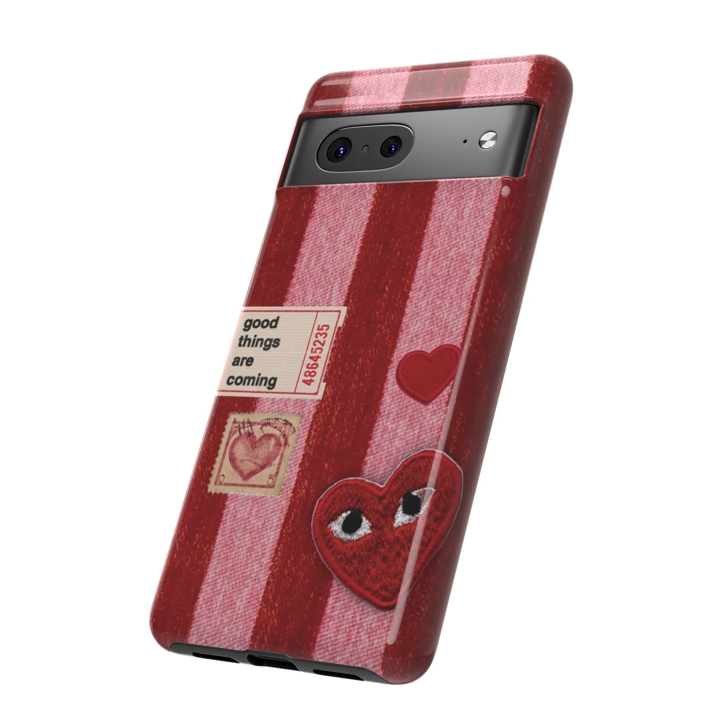 Phone Case — Red Striped Heart Design with “Good Things Are Coming”