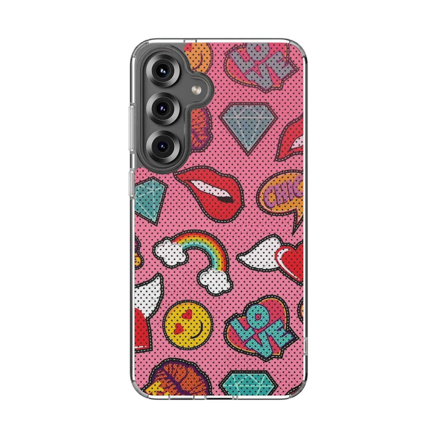 Clear Impact-Resistant Phone Case — Pink Pop Sticker Pattern (Hearts, Rainbows, Smileys)