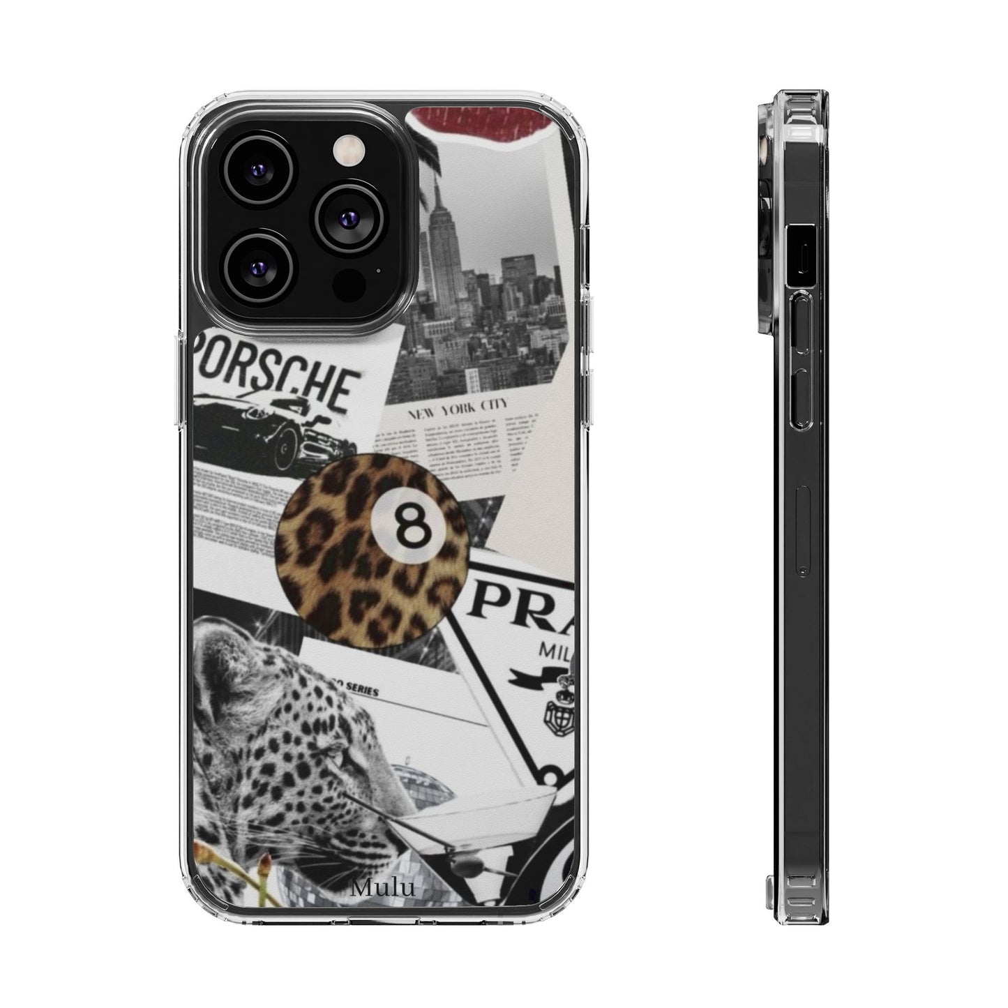 Clear Impact-Resistant Phone Case — Collage Luxury Leopard & Vintage Car Design