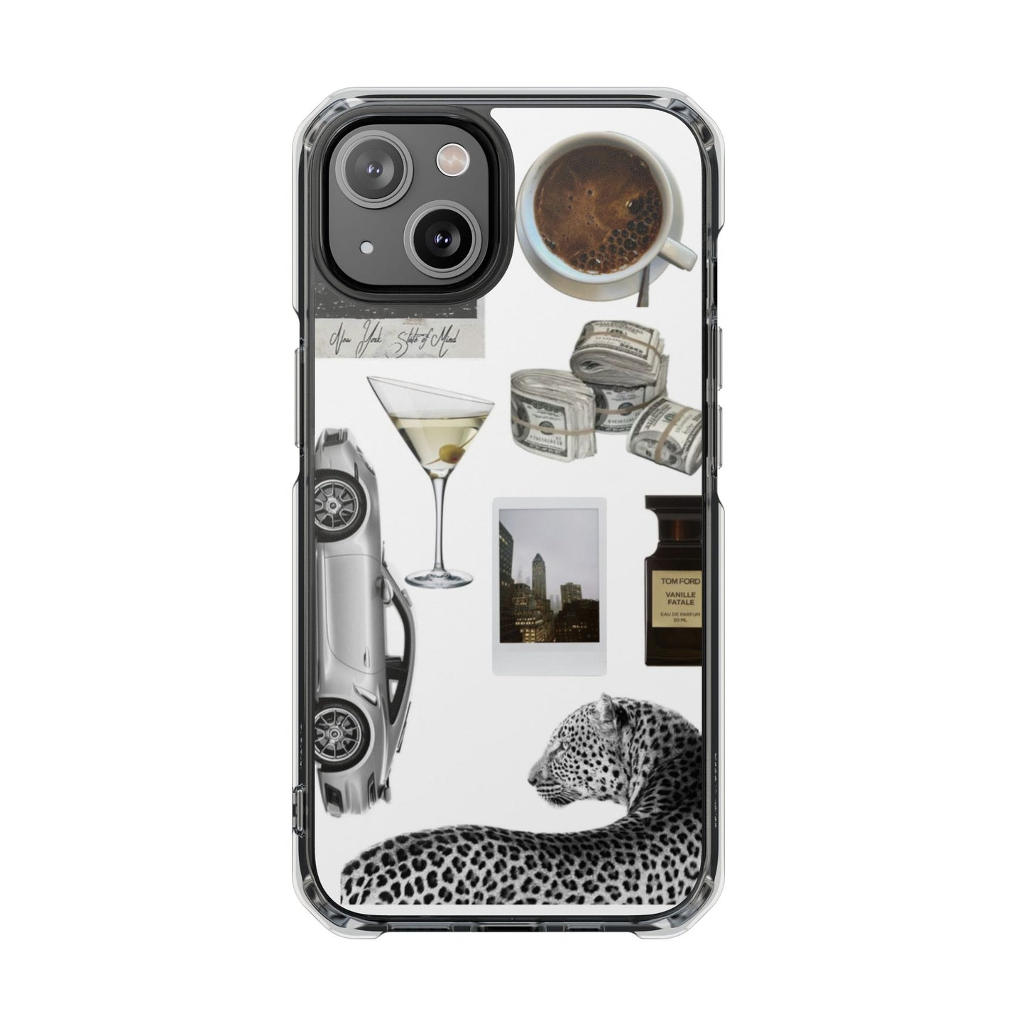 Clear Impact Phone Case — Luxe Collage (Leopard, Martini, Coffee & Vintage Car)