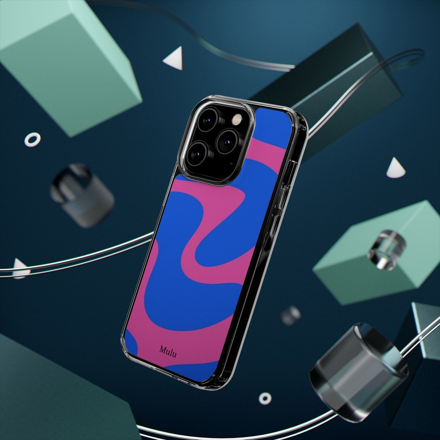 Clear Impact-Resistant Phone Case — Retro Blue & Pink Abstract Swirl