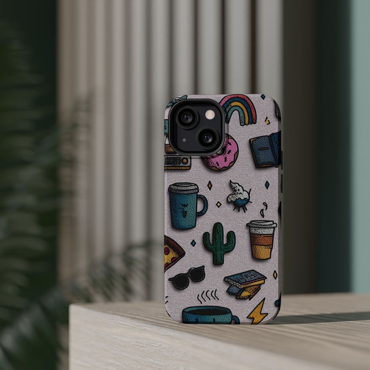 Cute Doodle Phone Case — Magnetic Impact-Resistant Design (coffee, rainbow, cactus)