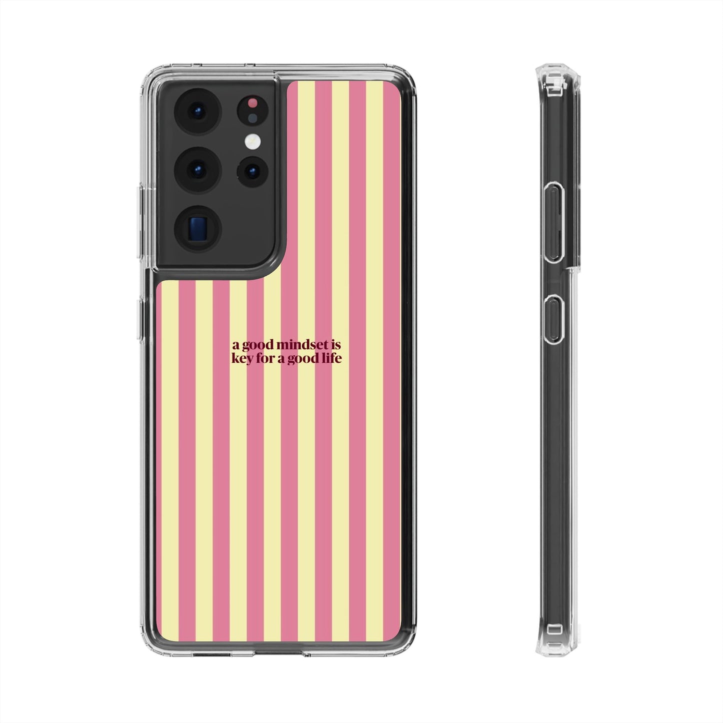 Striped Clear Phone Case — "A Good Mindset Is Key for a Good Life" Motivational iPhone Case