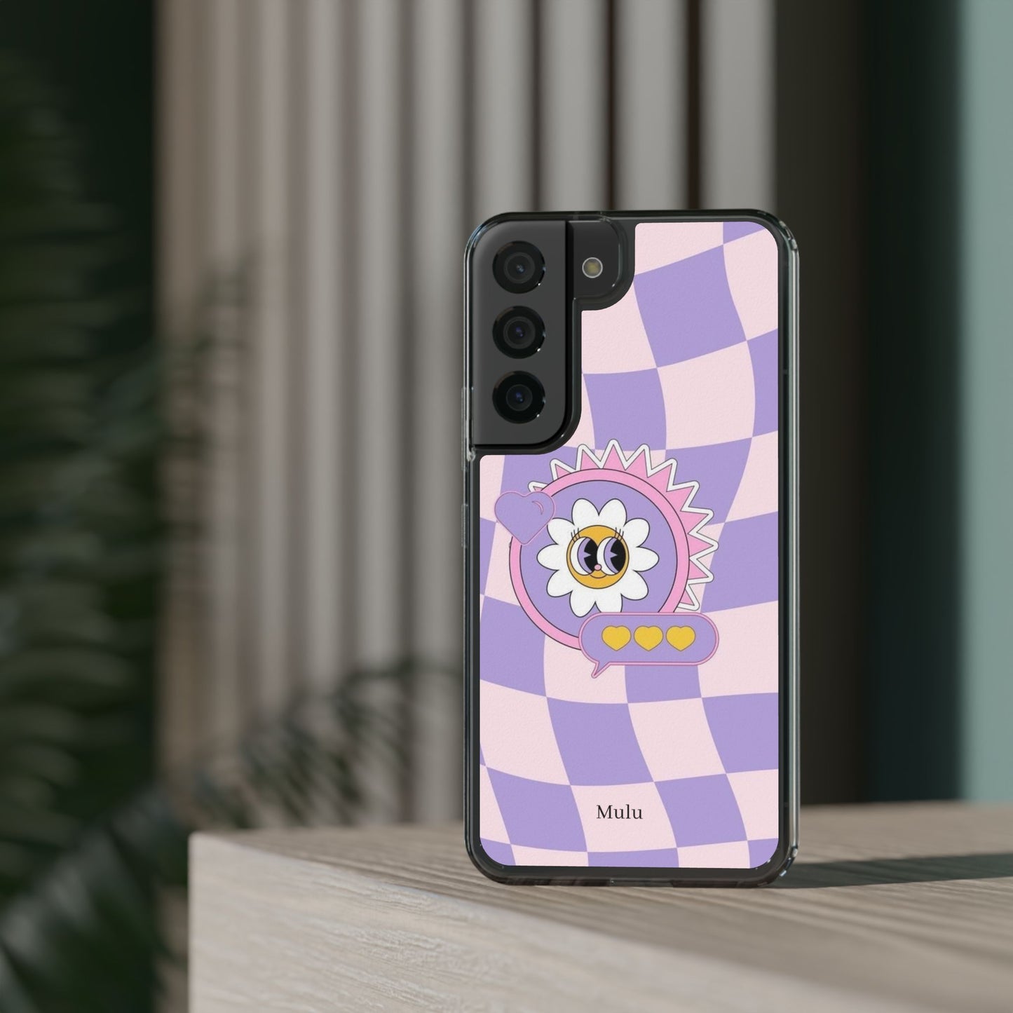 Clear Impact-Resistant Case — Cute Purple Checkerboard Dino with 'Mulu'