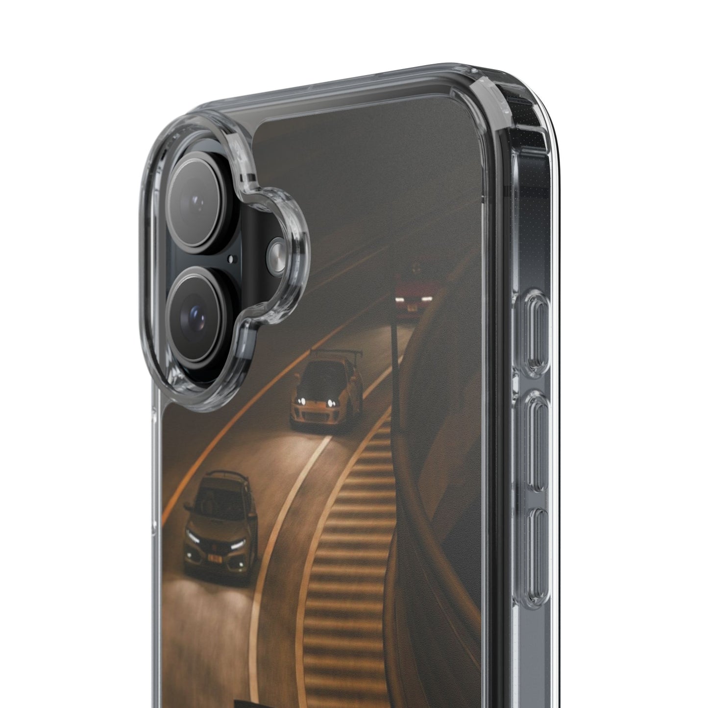 Racing Night Clear Phone Case – Sports Cars on Curved Highway