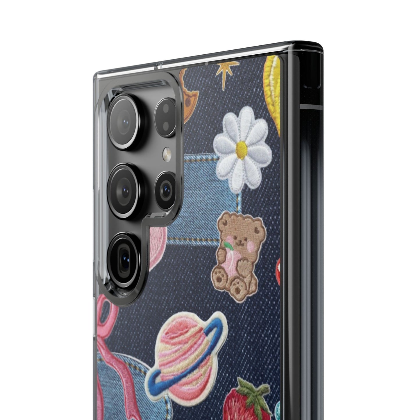Clear Impact-Resistant Phone Case — Cute Denim Patch Collage (Teddy, Strawberry, Planet)