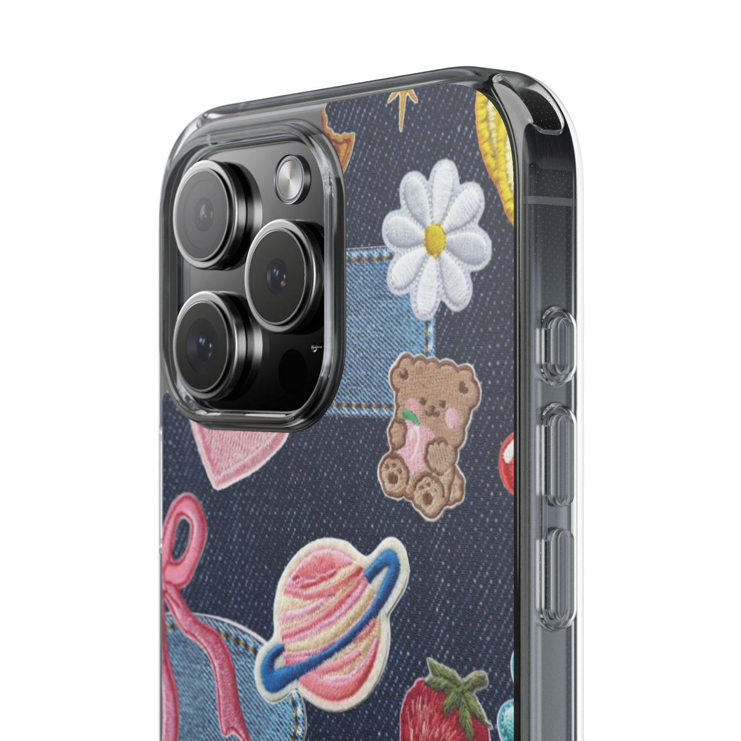 Clear Impact-Resistant Phone Case — Cute Denim Patch Collage (Teddy, Strawberry, Planet)