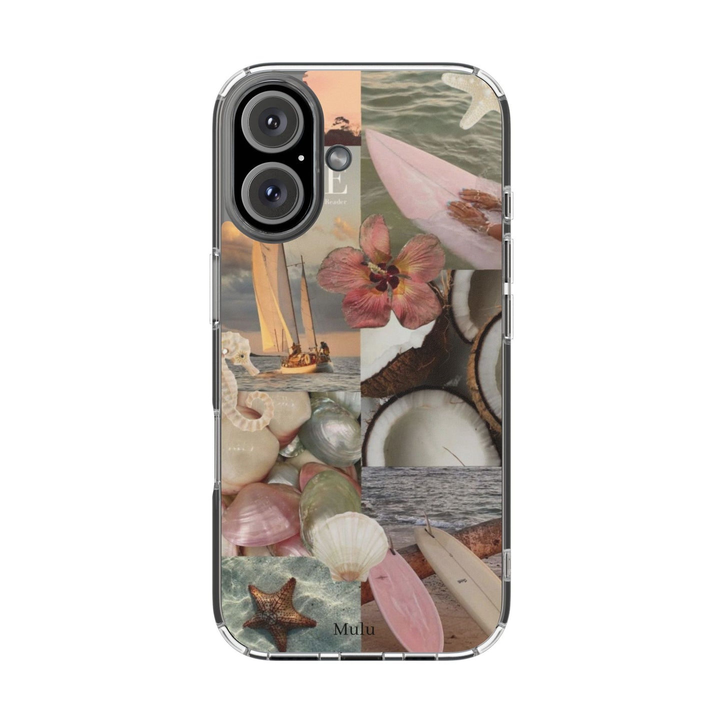 Clear Phone Case — Coastal Collage Shells & Surf Design