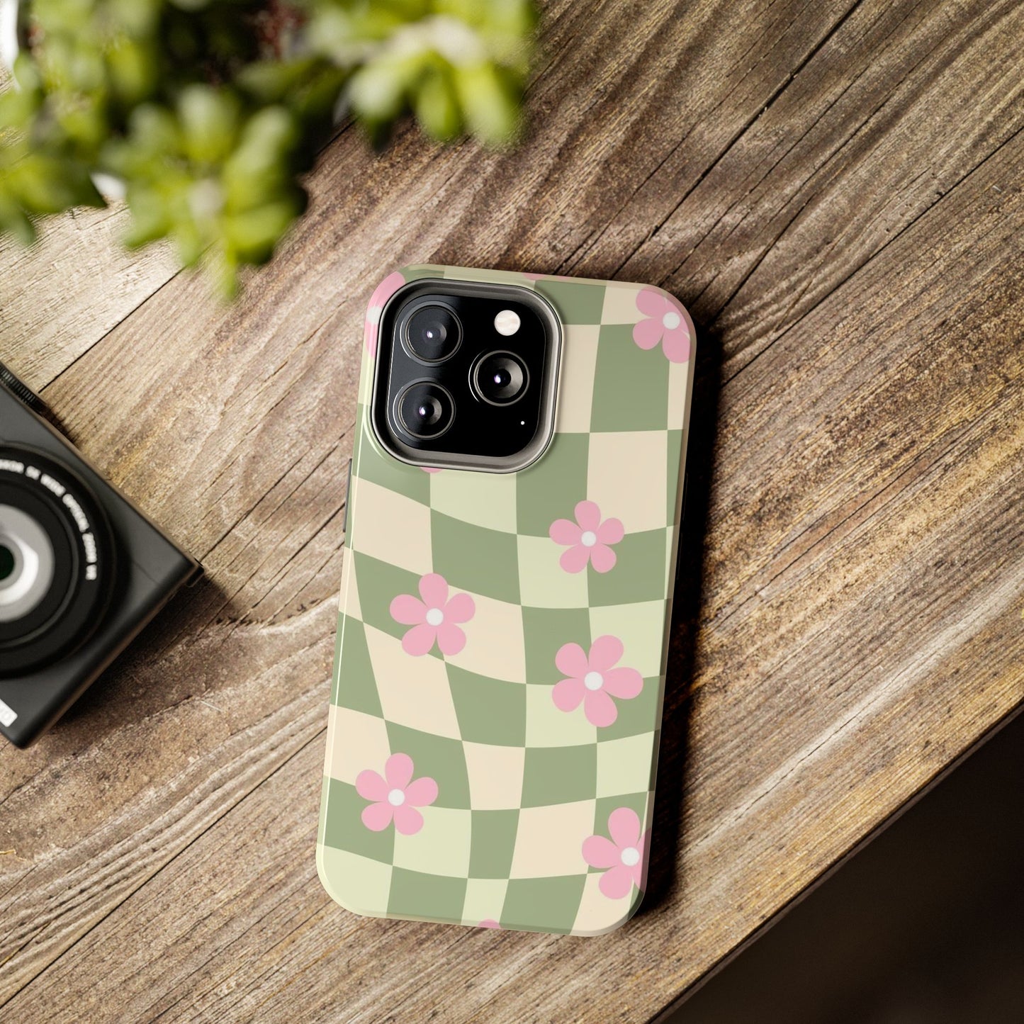 Tough Phone Case — Retro Green Checkerboard with Pink Flowers