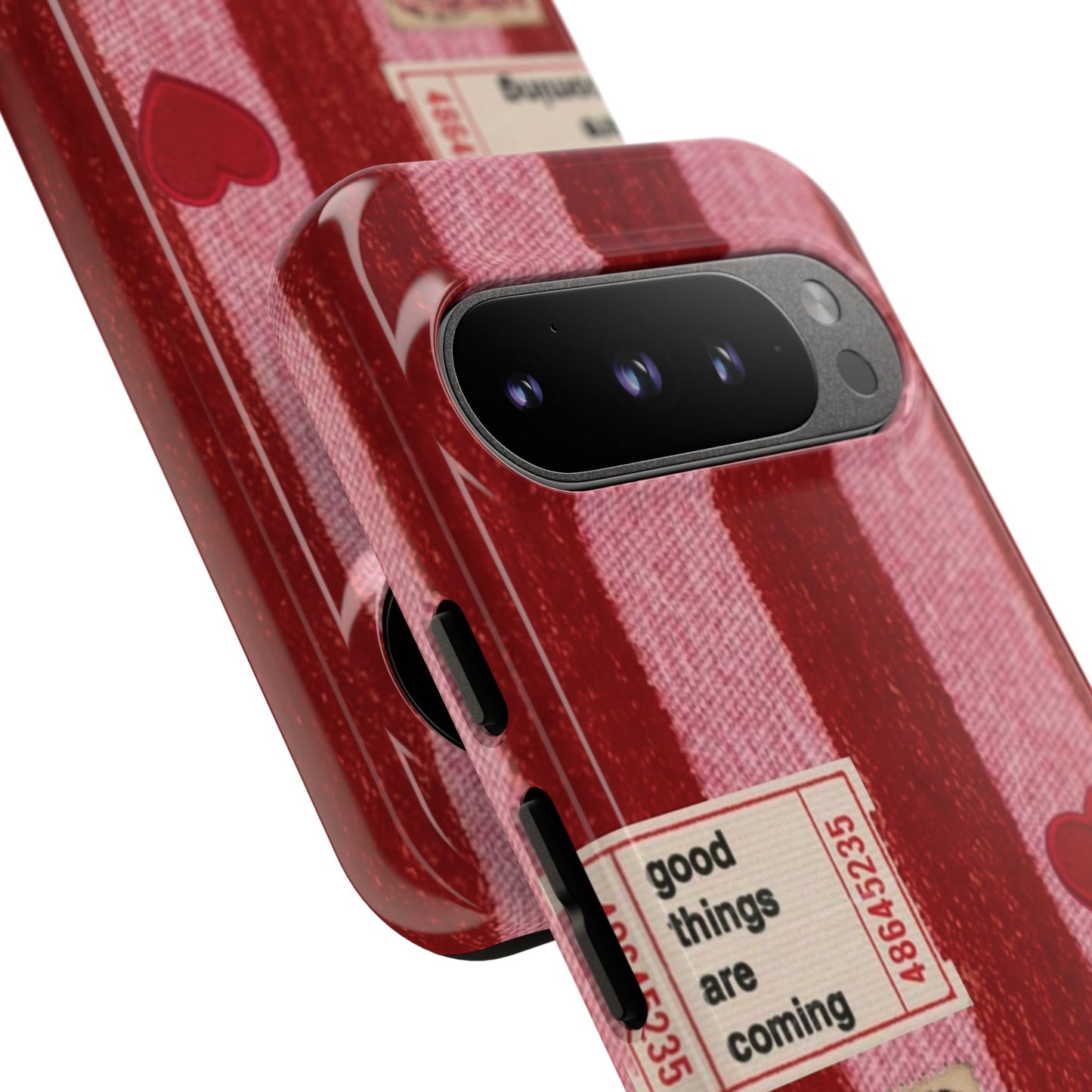 Phone Case — Red Striped Heart Design with “Good Things Are Coming”
