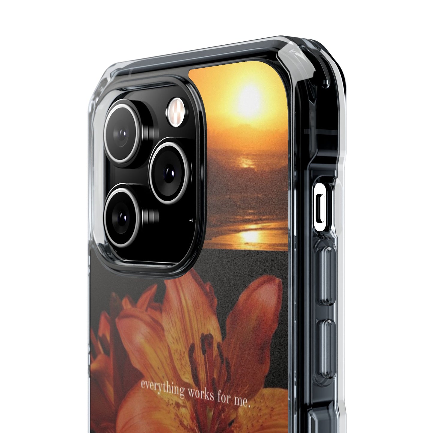Clear Magnetic Phone Case — Sunset Lily Design ("anything waits for you")