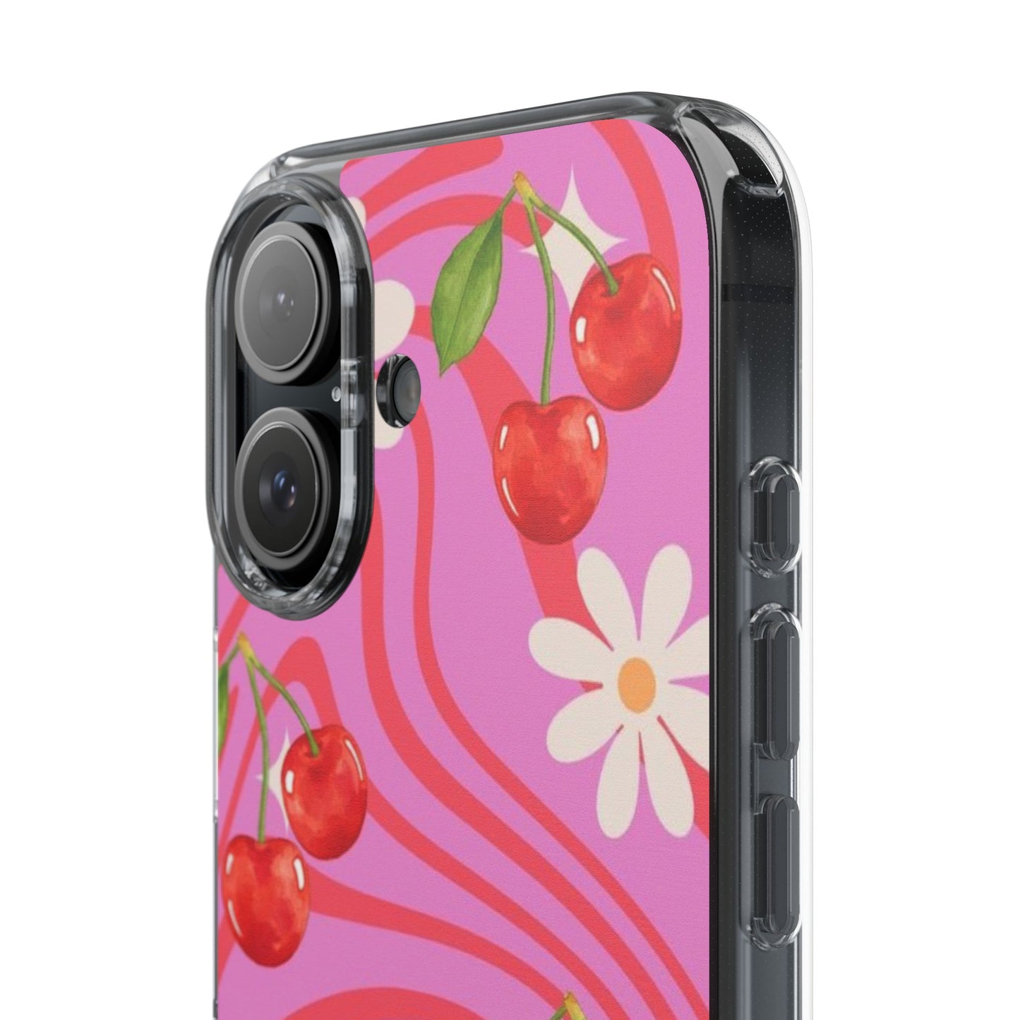 Clear Impact Phone Case — Retro Cherry & Daisy Floral Design