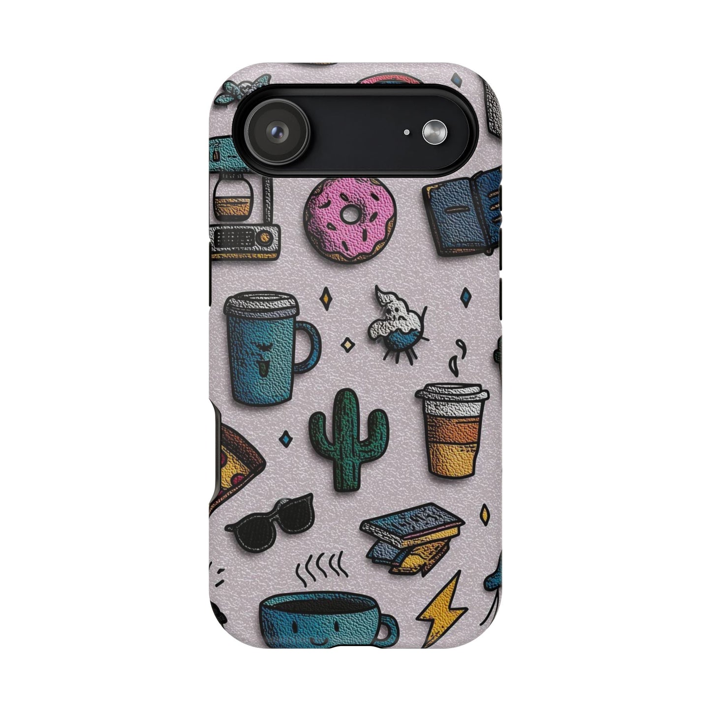 Cute Doodle Phone Case — Magnetic Impact-Resistant Design (coffee, rainbow, cactus)