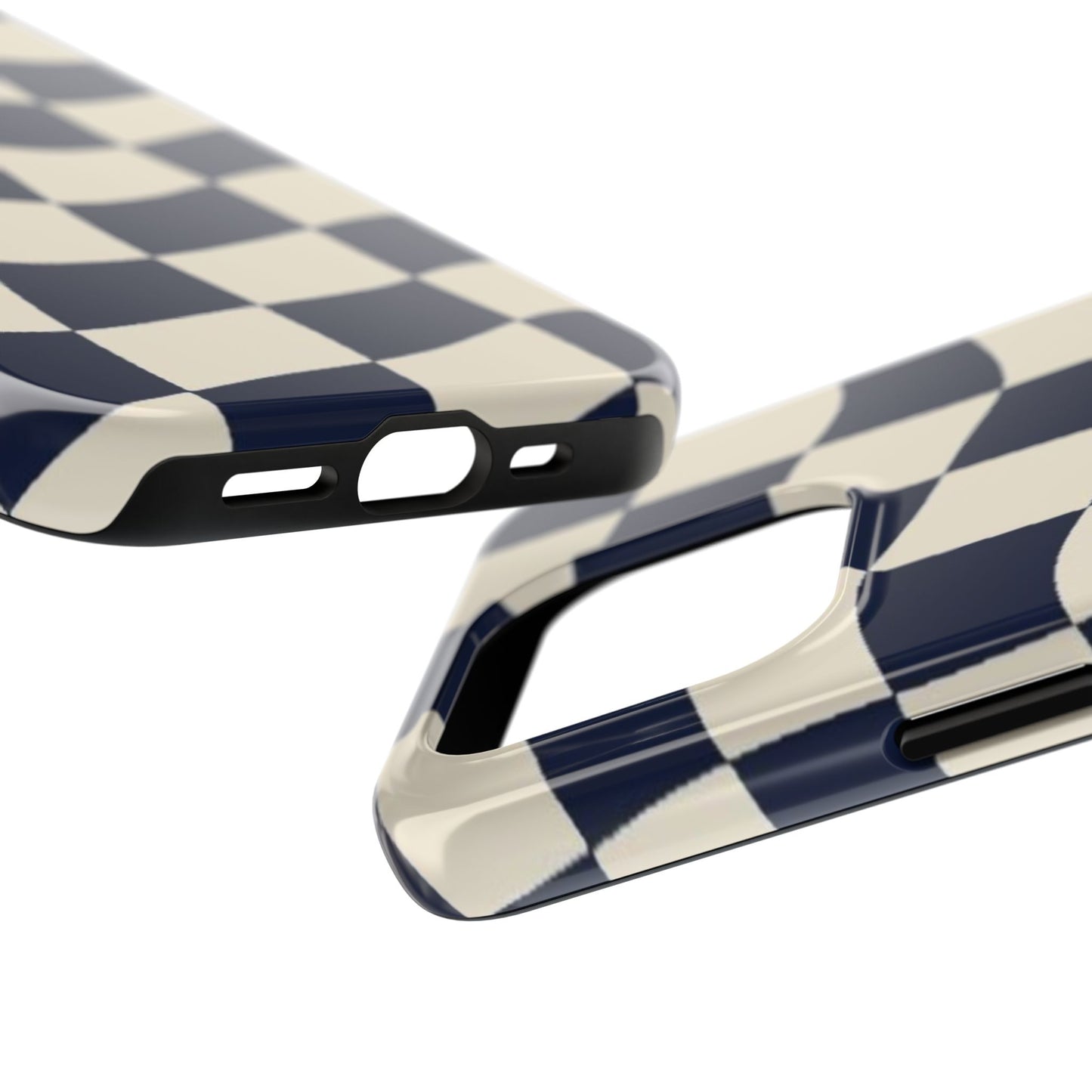 Wavy Checkerboard Tough Phone Case — Navy & Cream Protective Cover