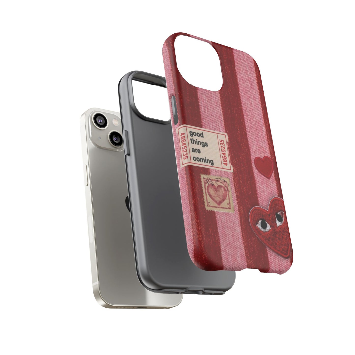 Phone Case — Red Striped Heart Design with “Good Things Are Coming”