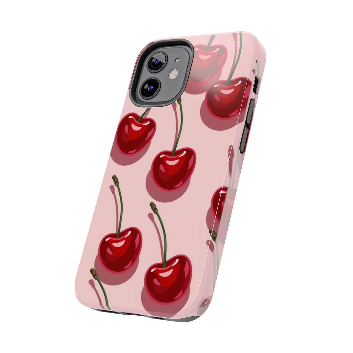 Cherry Pattern Tough Phone Case — Retro Pink Cherry Print Protective Phone Case