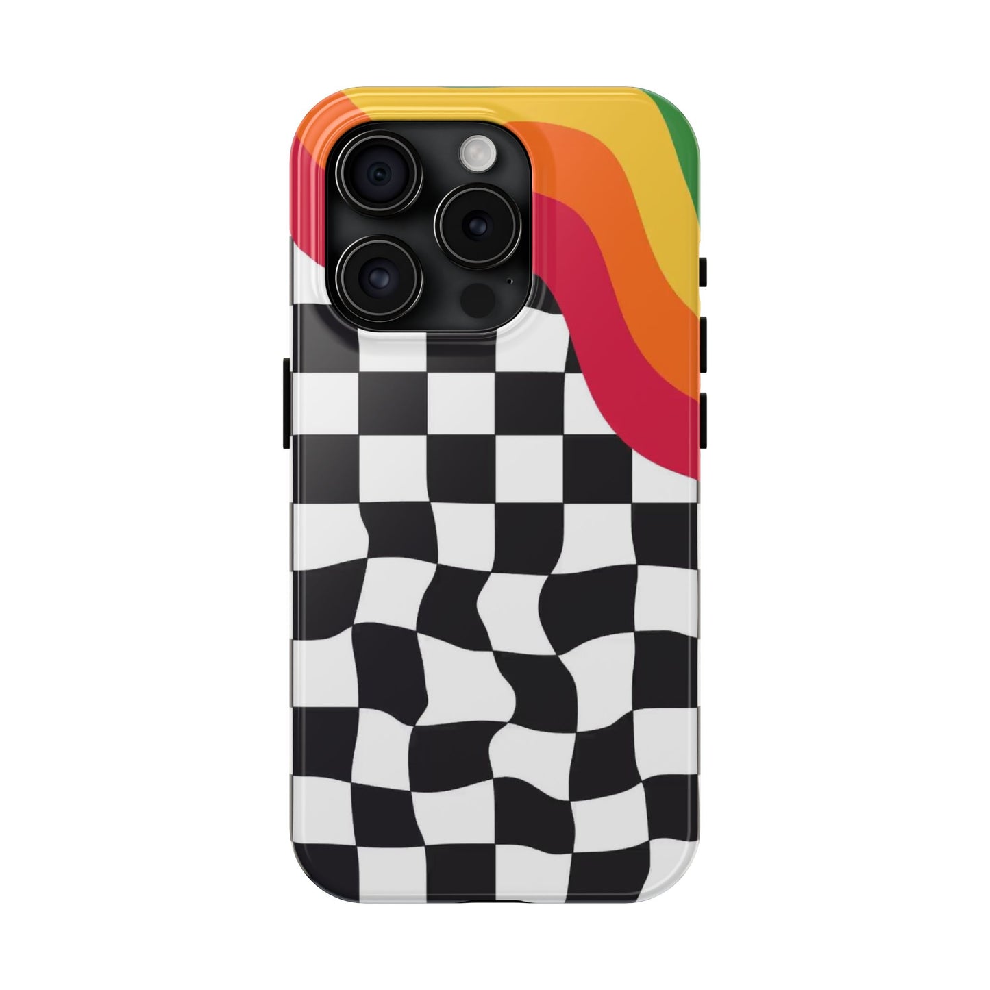 Retro Wavy Checkerboard Tough Phone Case — Rainbow Surf Skate Design