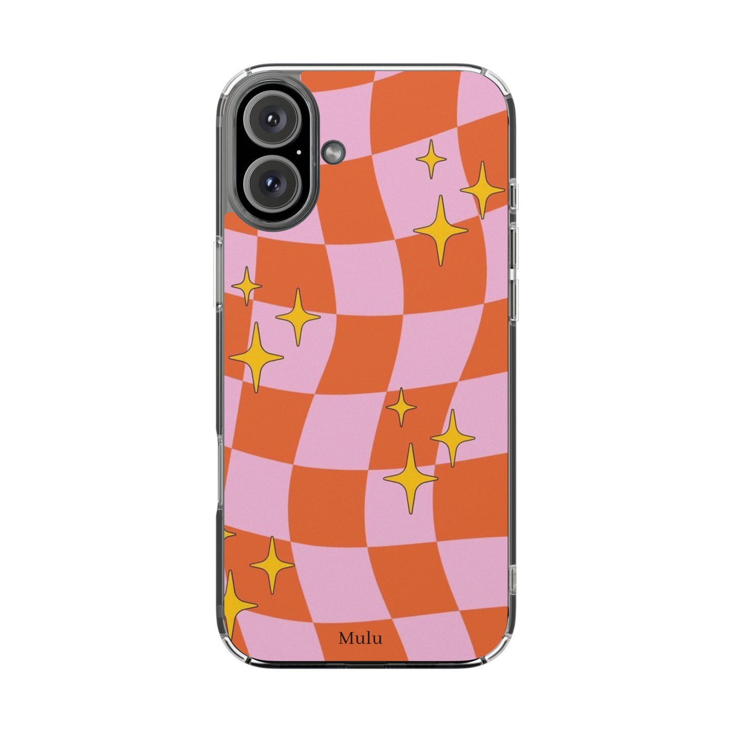 Clear Impact-Resistant Case — Retro Pink & Orange Checker with Sparkle Stars