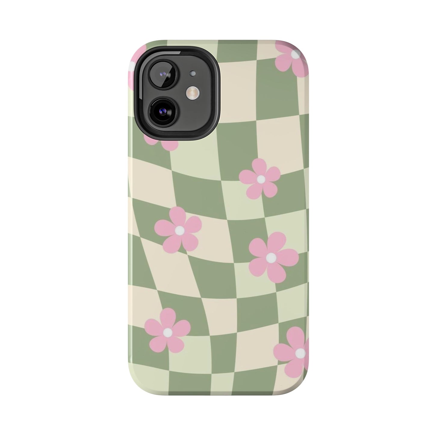 Tough Phone Case — Retro Green Checkerboard with Pink Flowers