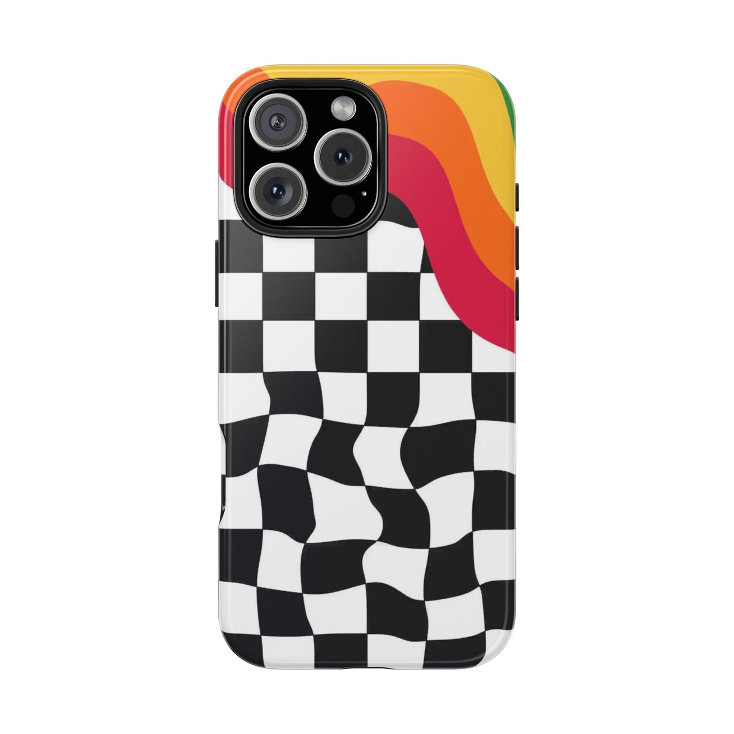 Retro Wavy Checkerboard Tough Phone Case — Rainbow Surf Skate Design