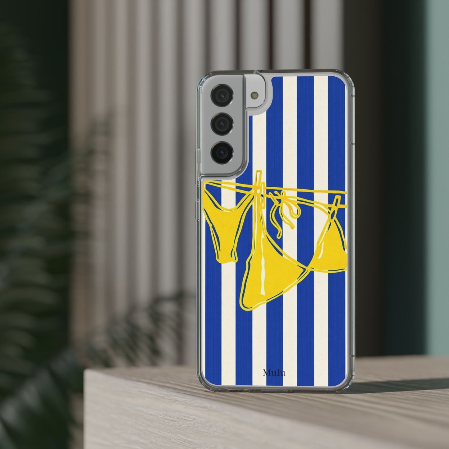 Striped Beach Bikini Phone Case — Yellow Swimwear on Blue & White Stripes, Clear Impact-Resistant