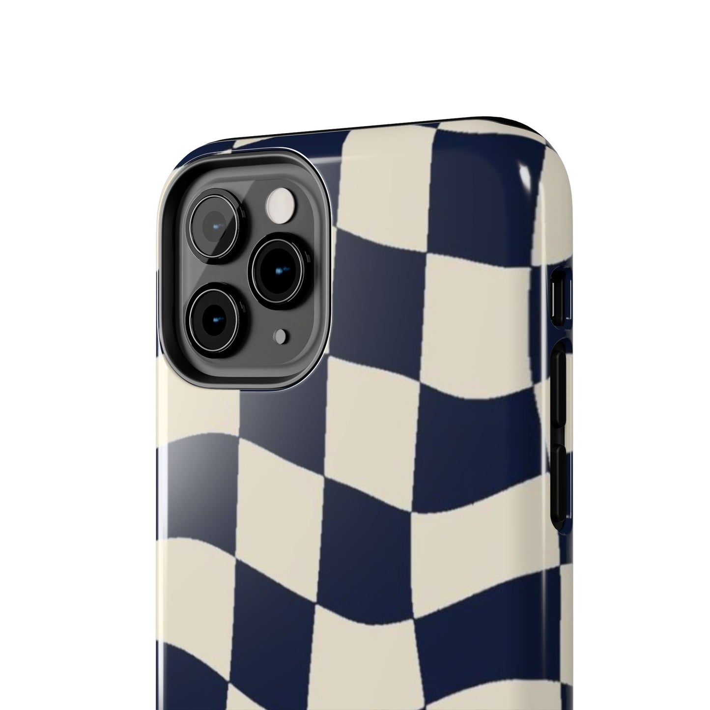 Wavy Checkerboard Tough Phone Case — Navy & Cream Protective Cover