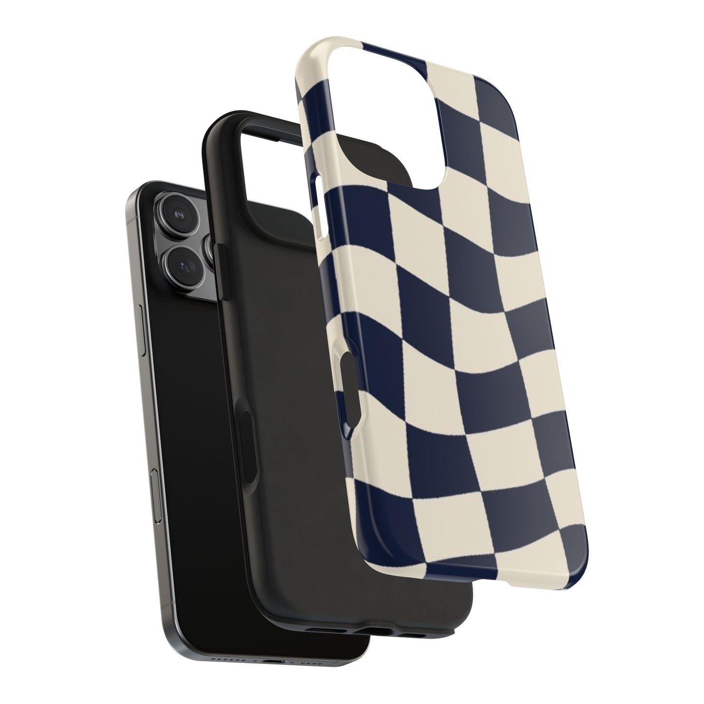 Wavy Checkerboard Tough Phone Case — Navy & Cream Protective Cover