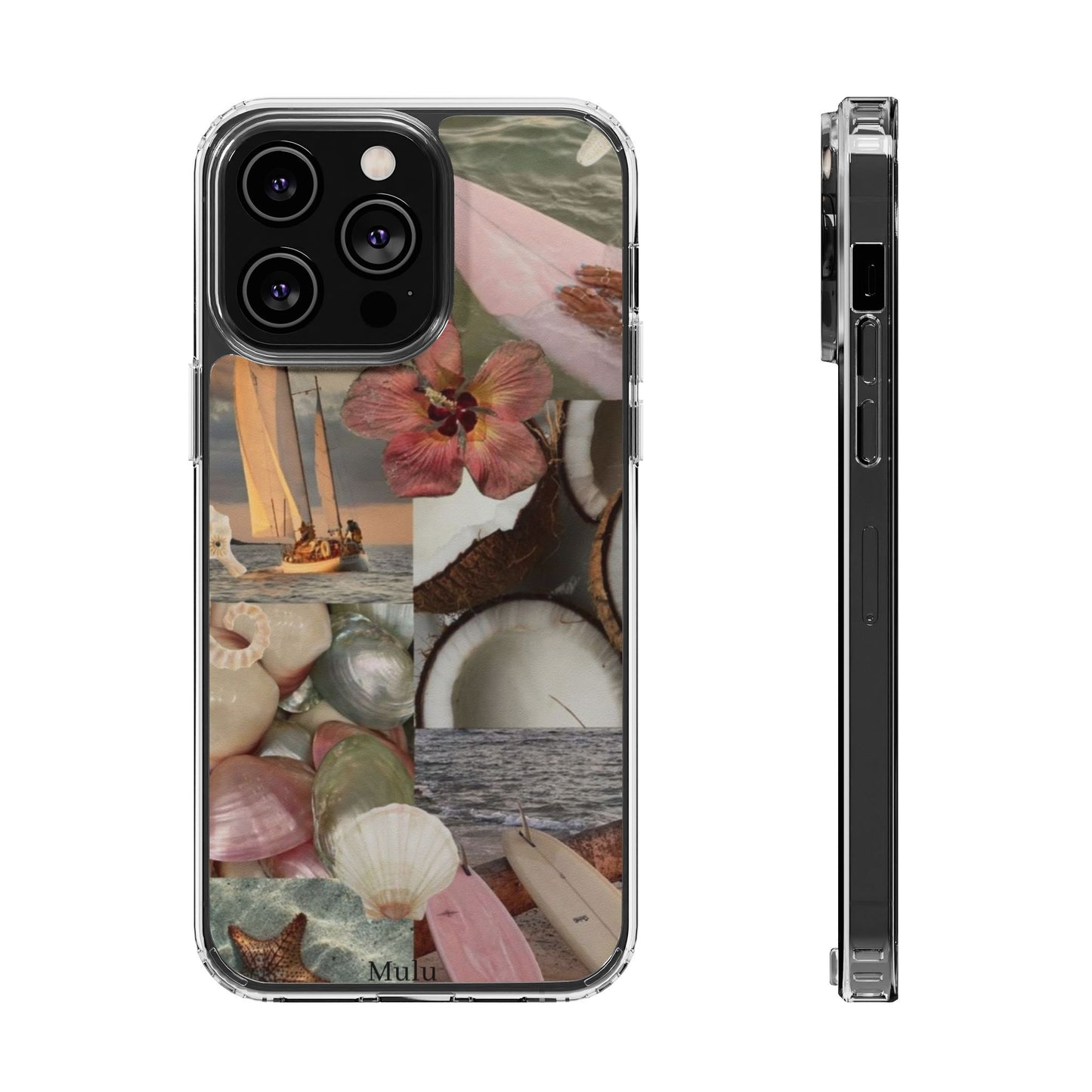 Clear Phone Case — Coastal Collage Shells & Surf Design
