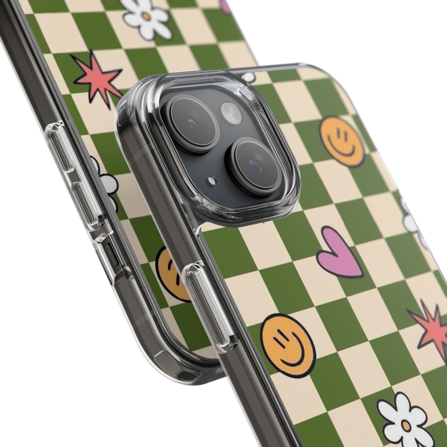 Clear Impact-Resistant Case — Retro Green Checkerboard with Smiley, Hearts & Flowers