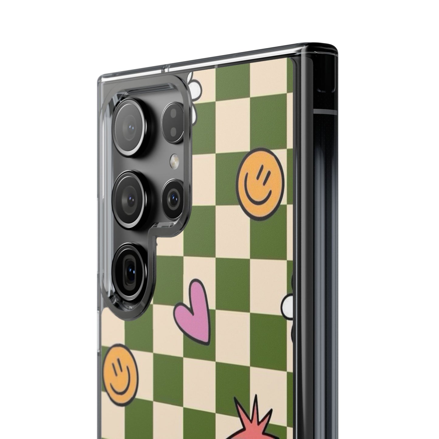 Clear Impact-Resistant Case — Retro Green Checkerboard with Smiley, Hearts & Flowers
