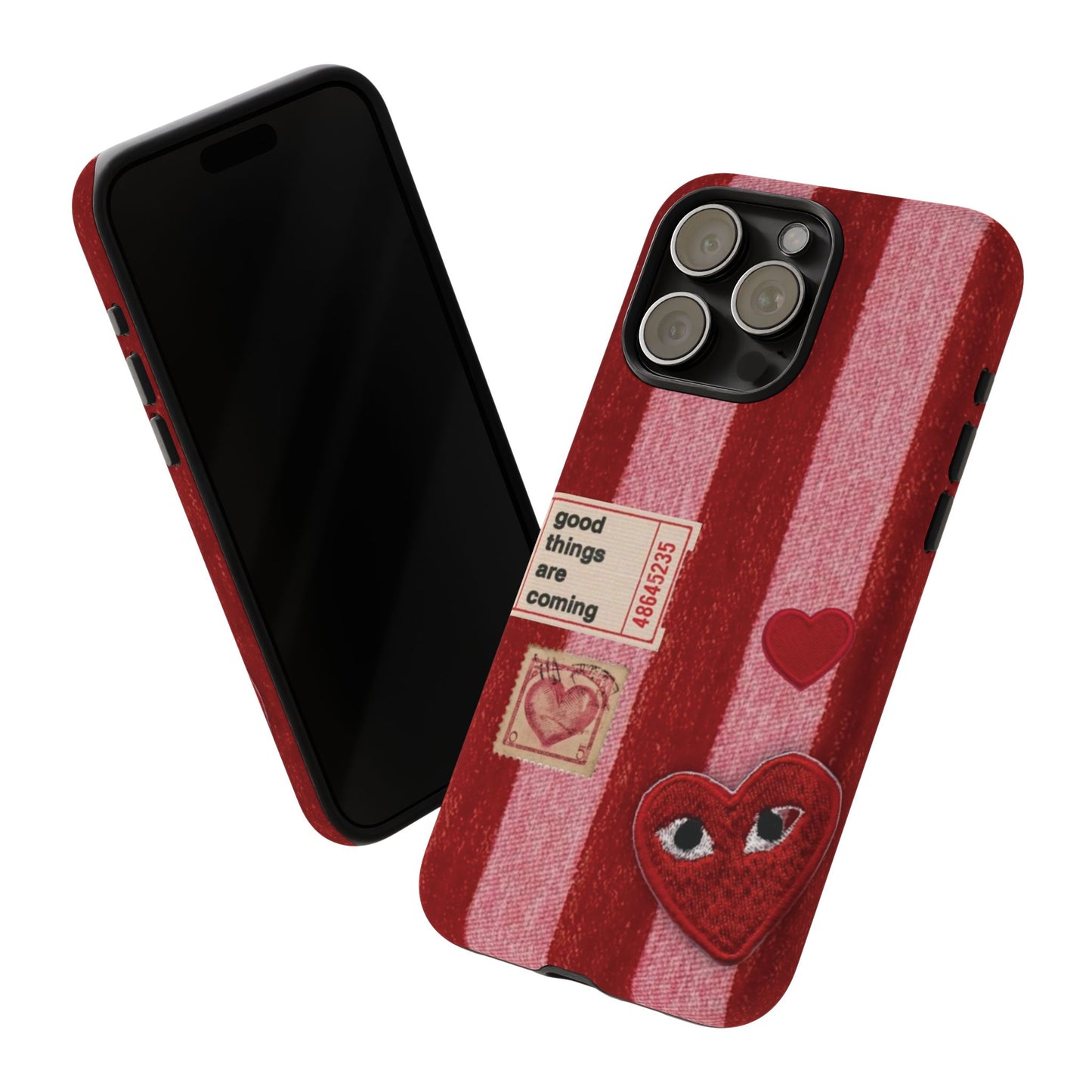 Phone Case — Red Striped Heart Design with “Good Things Are Coming”
