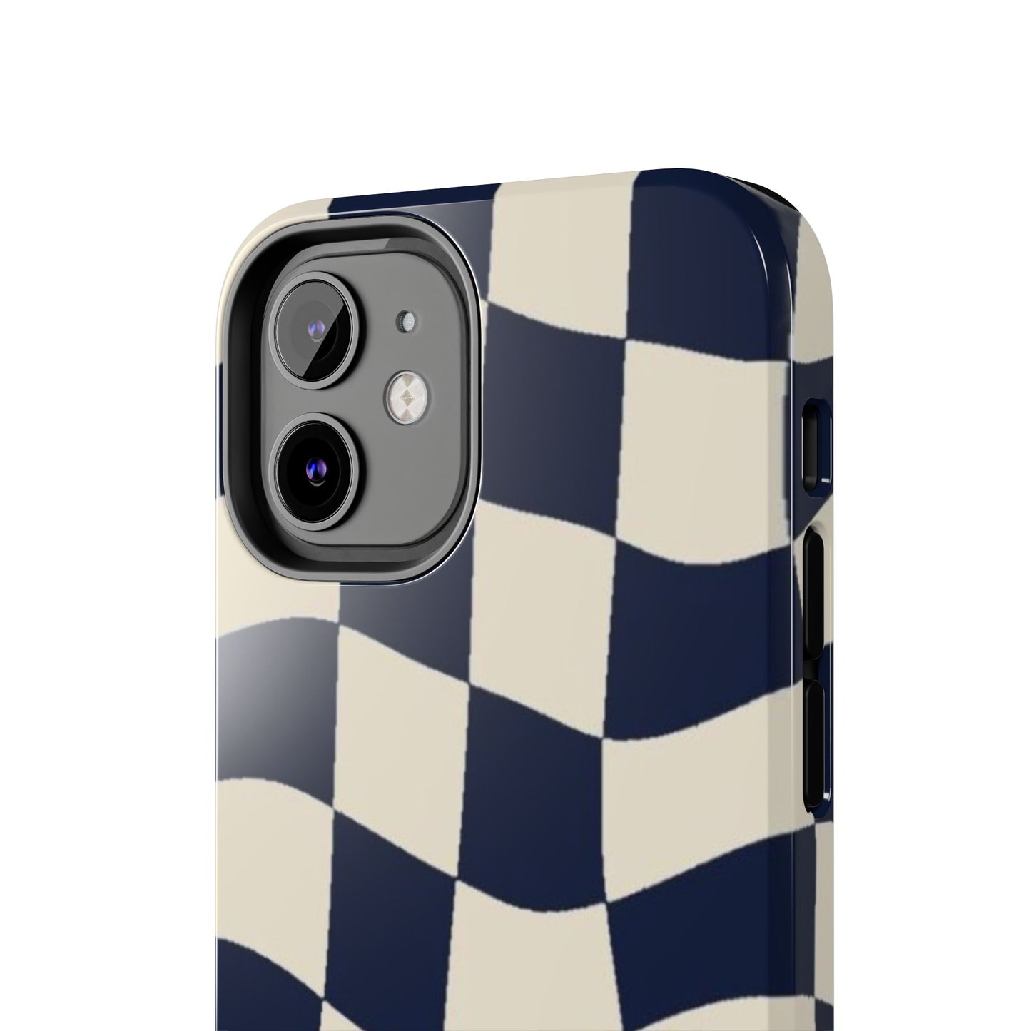 Wavy Checkerboard Tough Phone Case — Navy & Cream Protective Cover