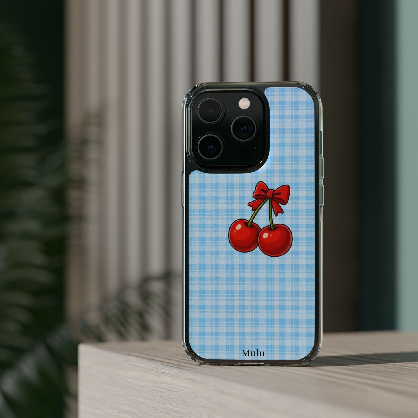 Clear Cherry Gingham Phone Case — Impact-Resistant Clear Case with Red Cherry Design