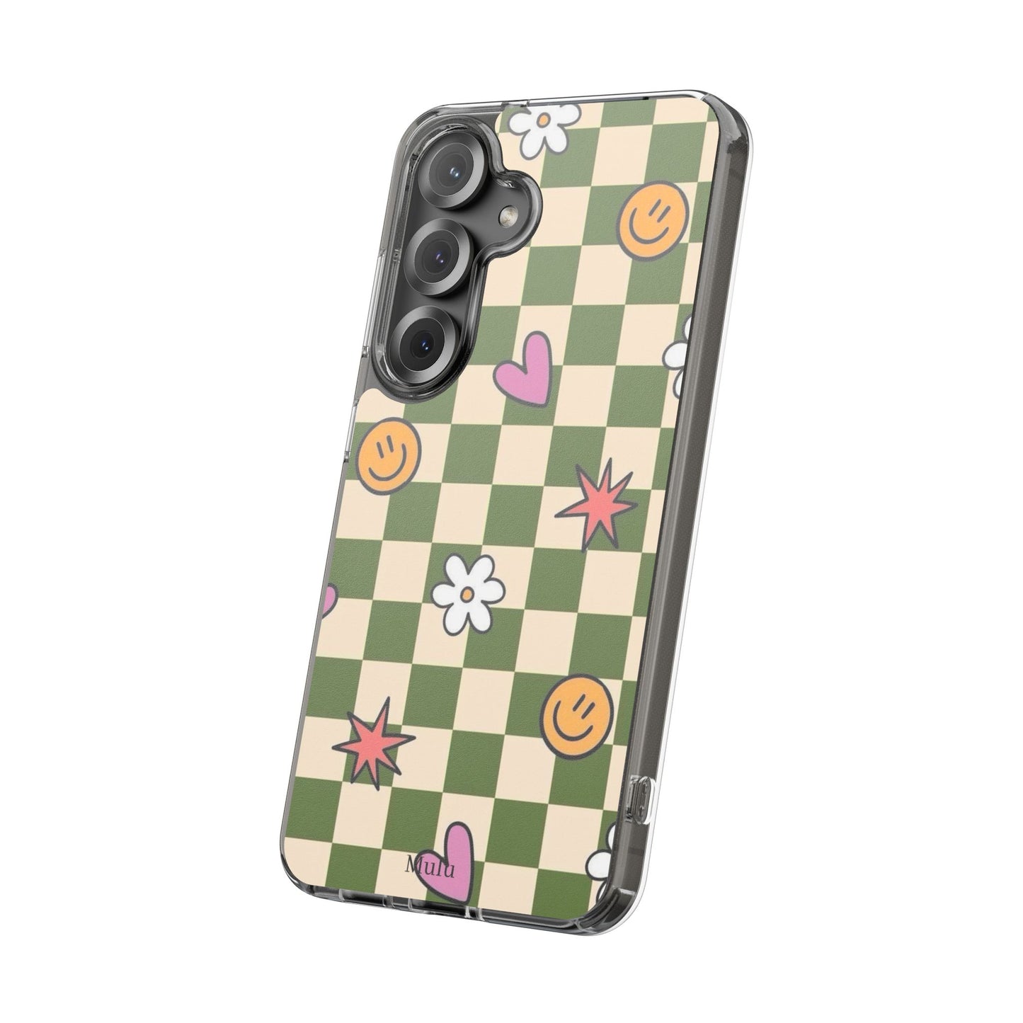 Clear Impact-Resistant Case — Retro Green Checkerboard with Smiley, Hearts & Flowers