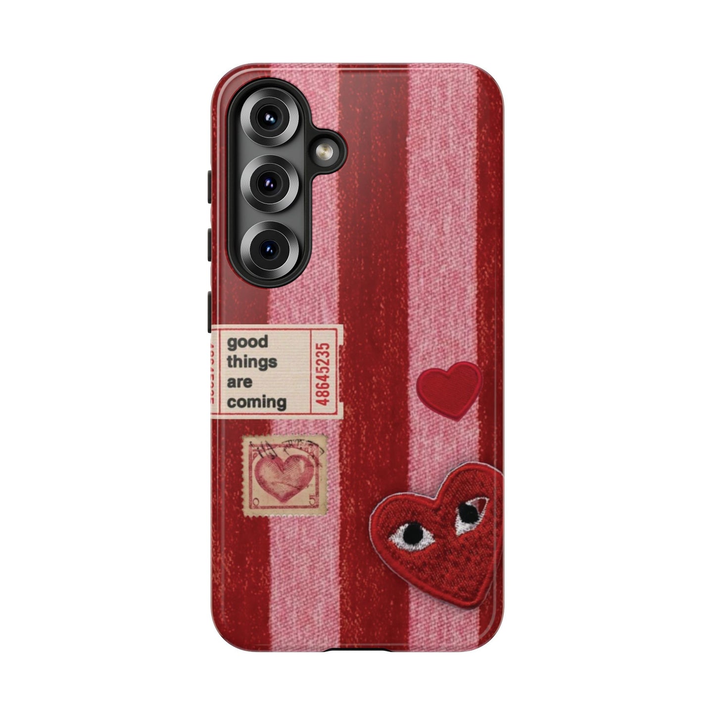 Phone Case — Red Striped Heart Design with “Good Things Are Coming”