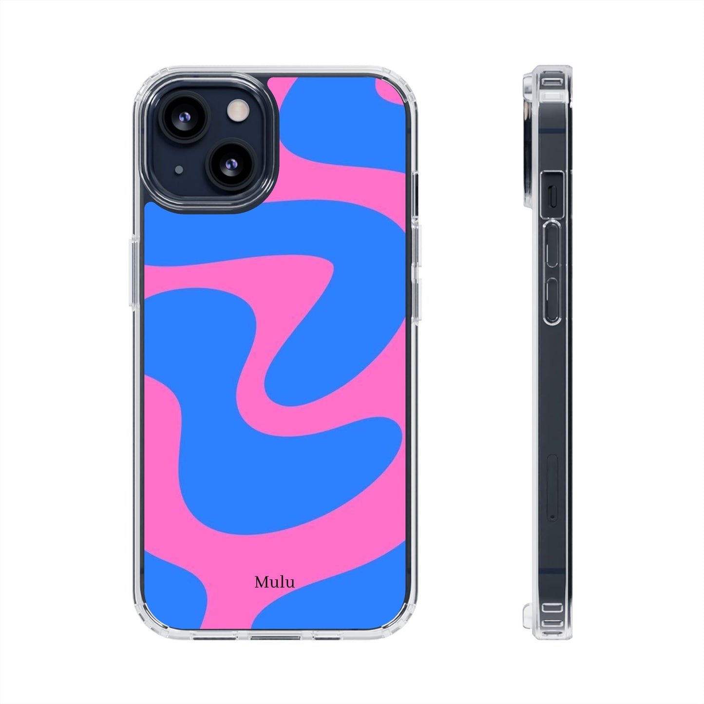 Clear Impact-Resistant Phone Case — Retro Blue & Pink Abstract Swirl