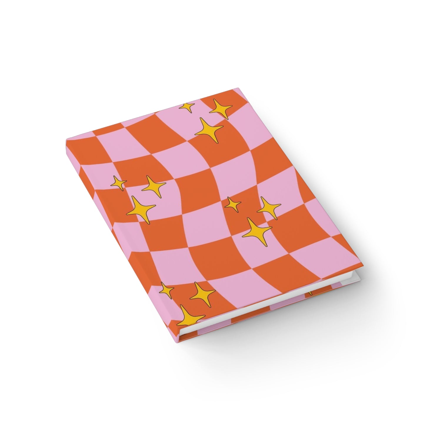 Retro Checkerboard Journal — Pink & Orange Wavy Pattern with Sparkle Stars (Ruled)