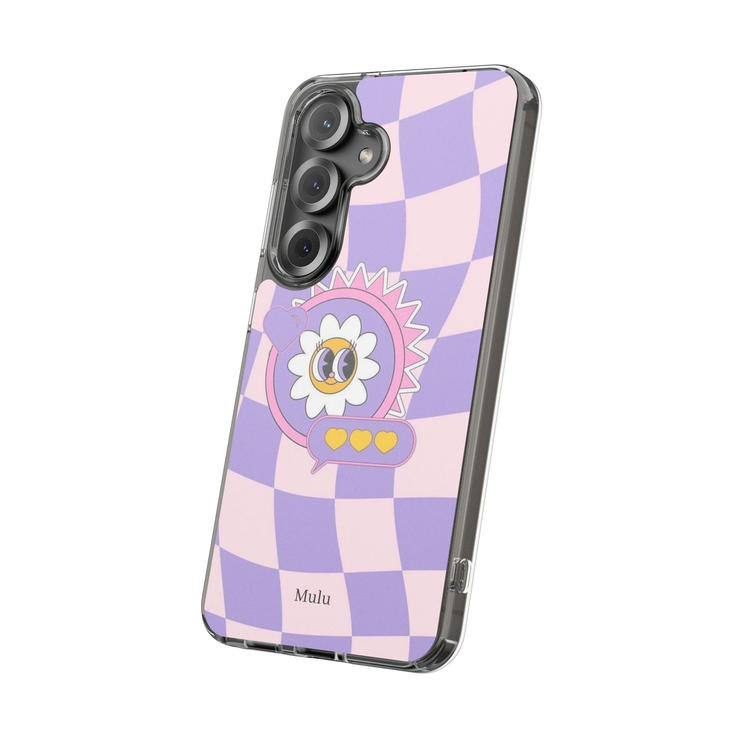 Clear Impact-Resistant Case — Cute Purple Checkerboard Dino with 'Mulu'
